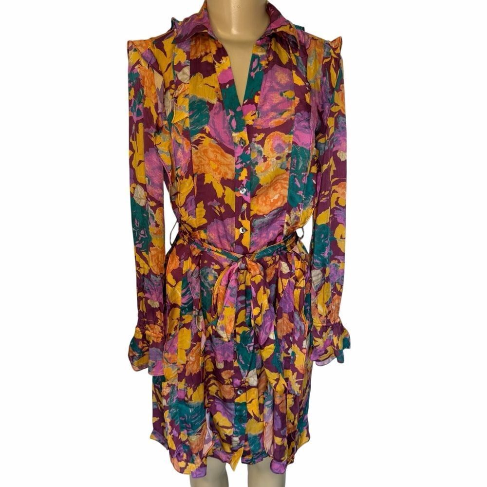 Sundance multicolored Floral long sleeve button up Dress xs NWT